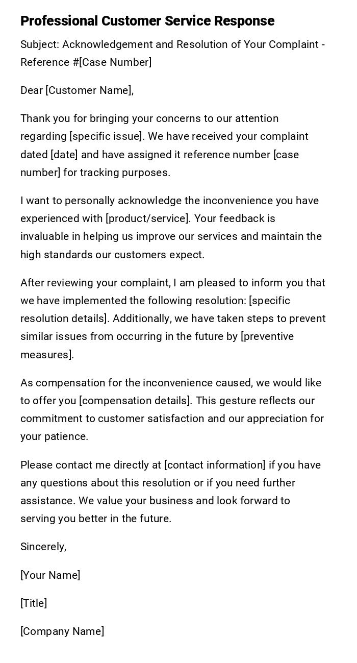 Professional Customer Service Response Professional Customer Service Response