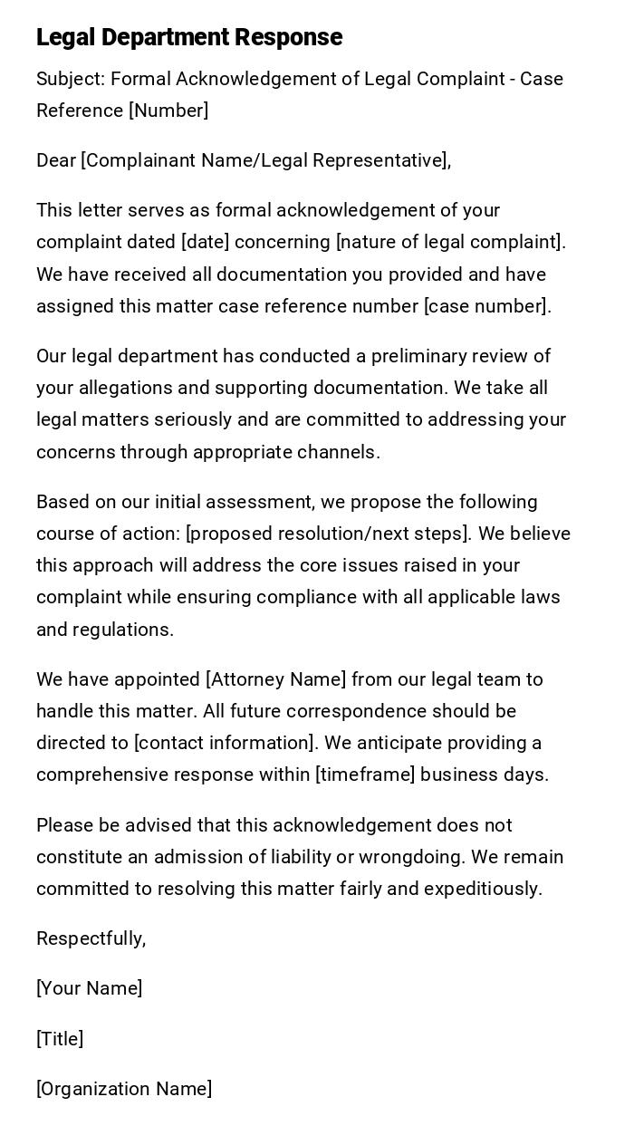 Legal Department Response Legal Department Response