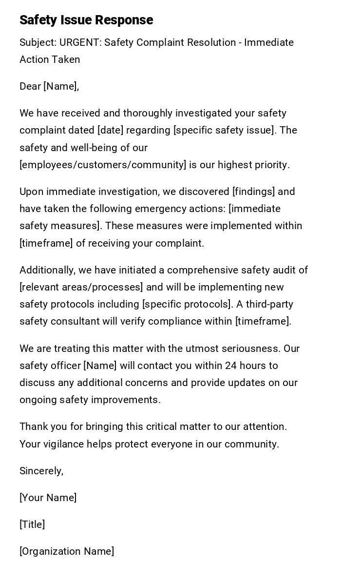 Safety Issue Response Safety Issue Response