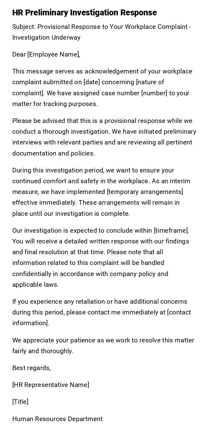 HR Preliminary Investigation Response HR Preliminary Investigation Response
