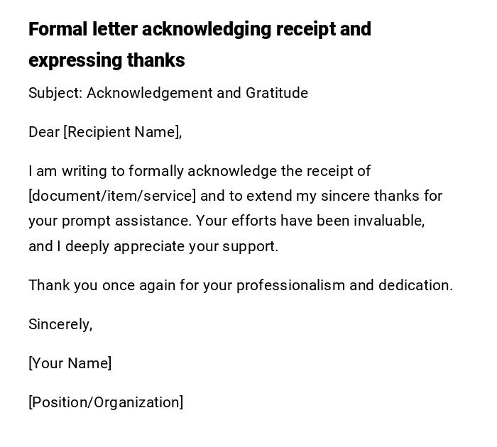 Formal letter acknowledging receipt and expressing thanks