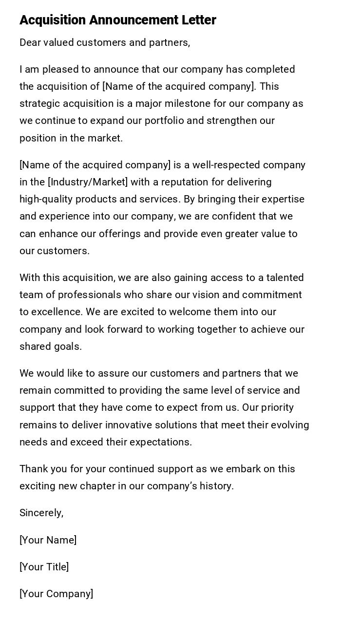Acquisition Announcement Letter Acquisition Announcement Letter