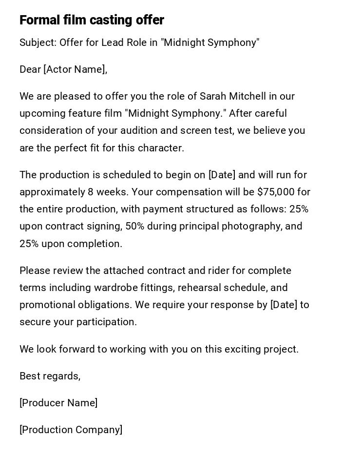 Formal film casting offer Formal film casting offer