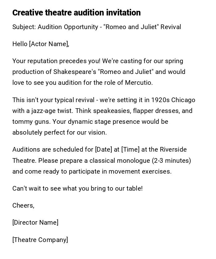 Creative theatre audition invitation Creative theatre audition invitation