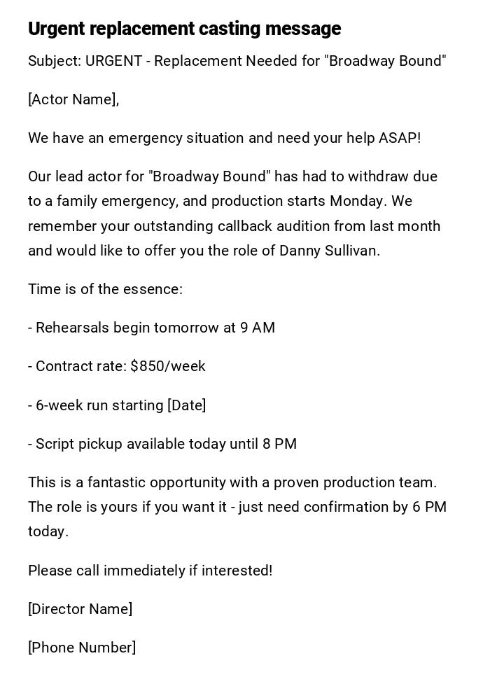 Urgent replacement casting message Urgent replacement casting message