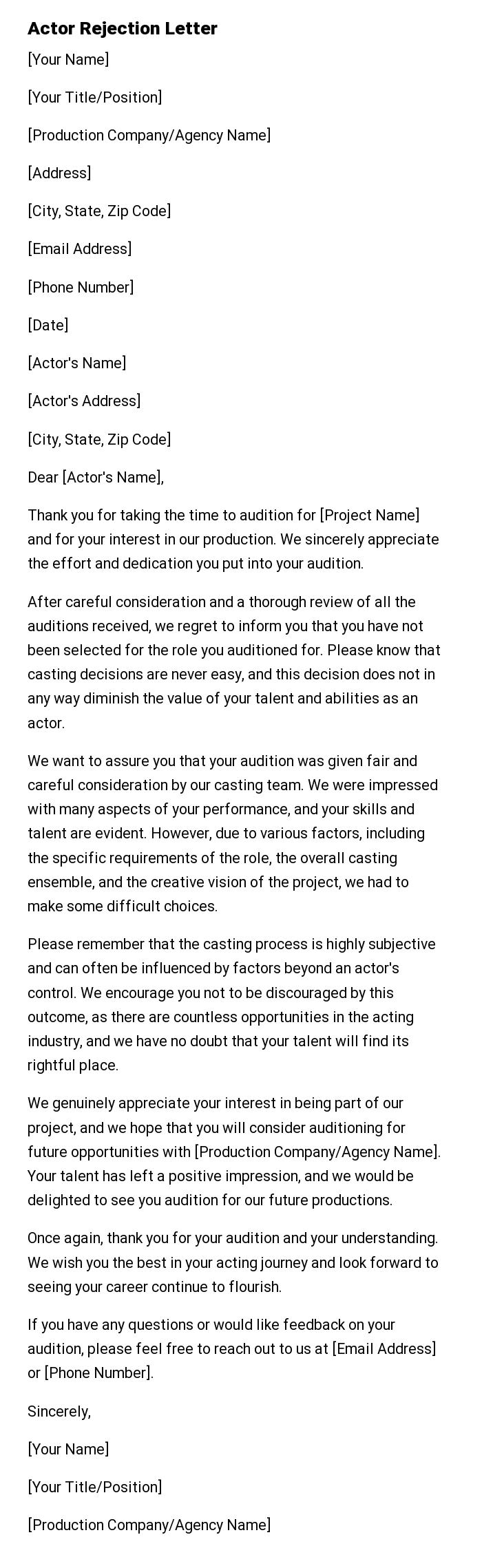 Actor Rejection Letter