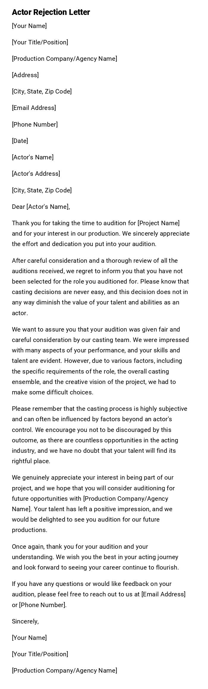 Actor Rejection Letter