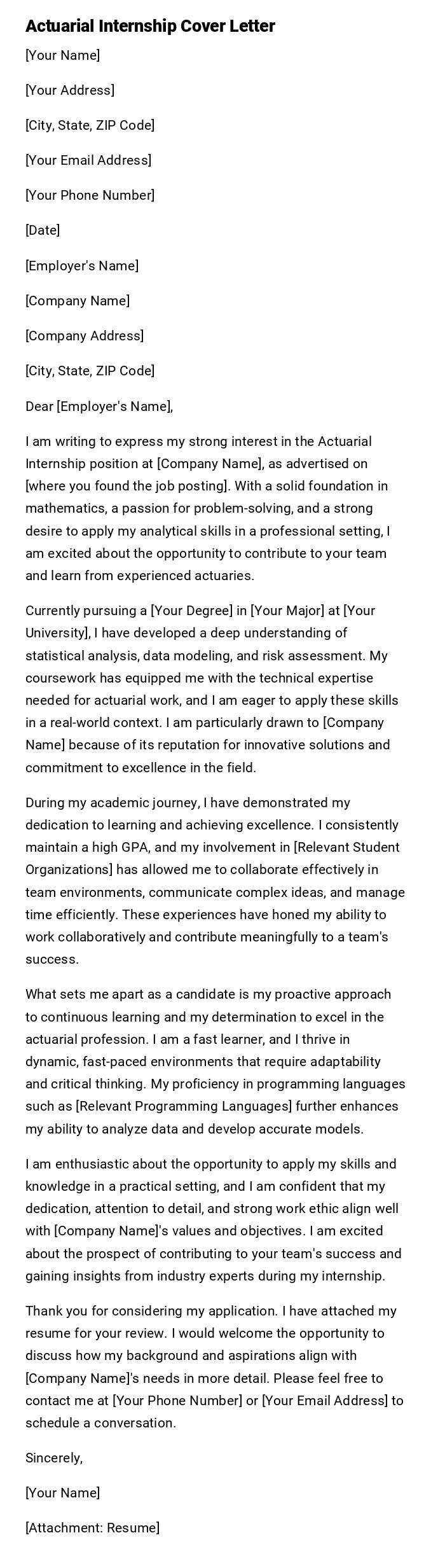 Actuarial Internship Cover Letter