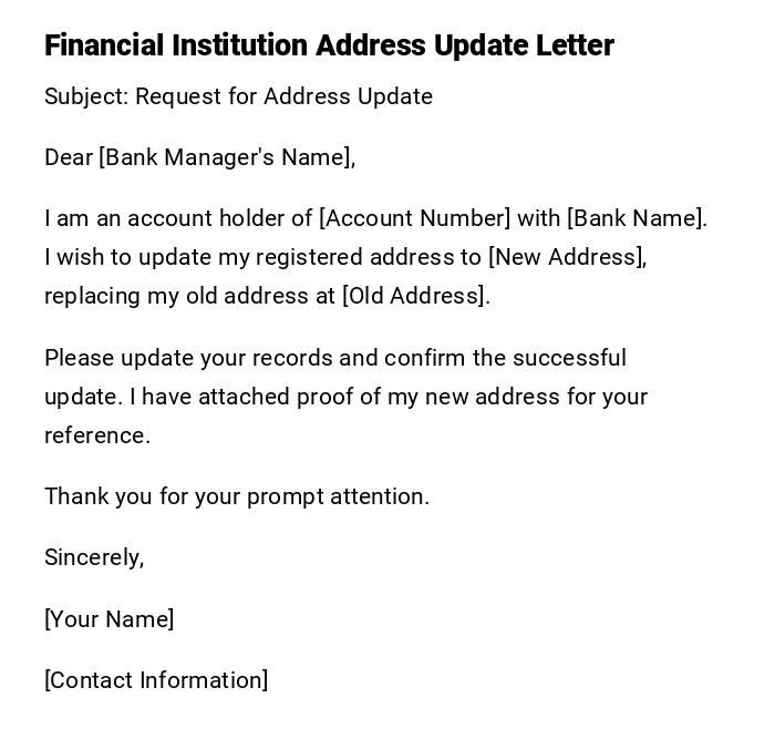 Financial Institution Address Update Letter Financial Institution Address Update Letter