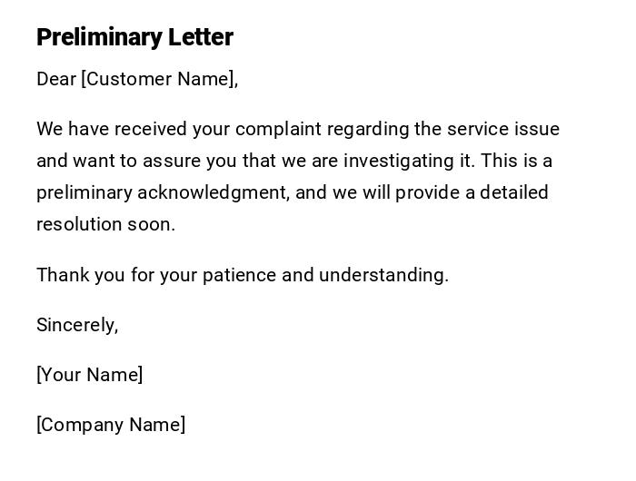 Preliminary Letter Preliminary Letter