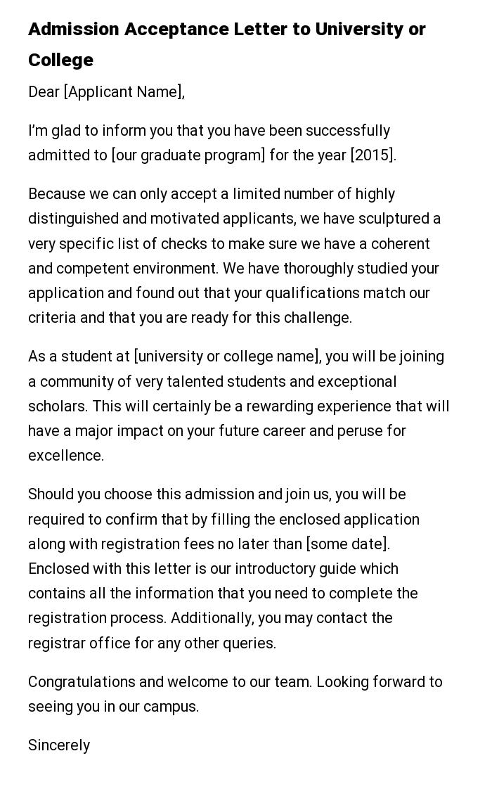 Admission Acceptance Letter to University or College