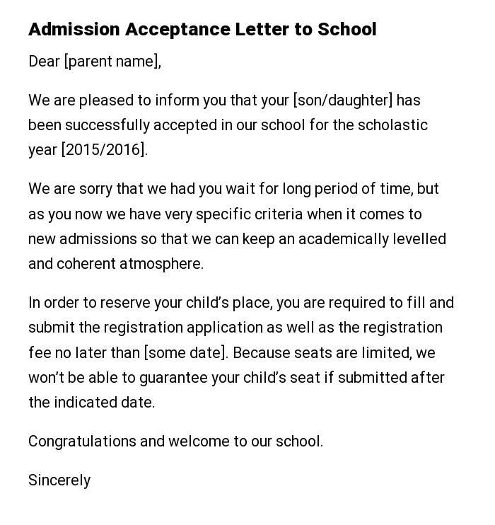 Admission Acceptance Letter to School