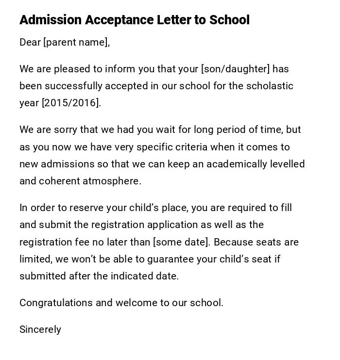 Admission Acceptance Letter to School