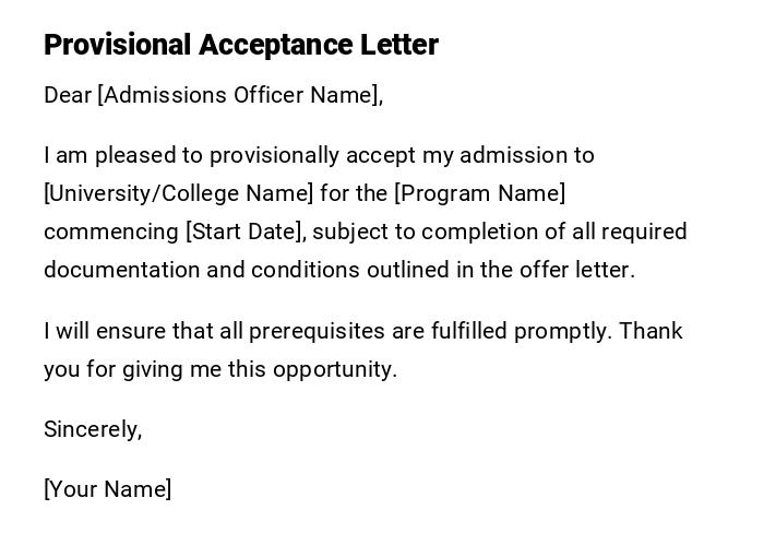 Provisional Acceptance Letter Provisional Acceptance Letter