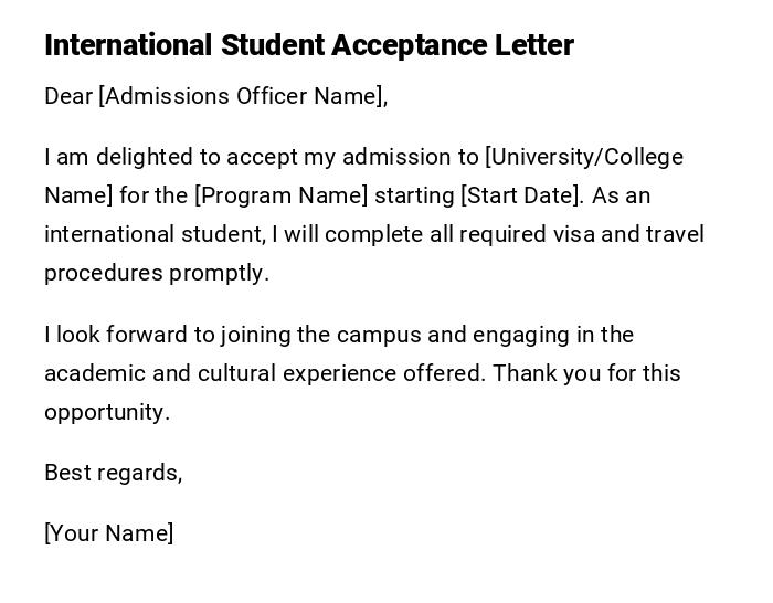 International Student Acceptance Letter International Student Acceptance Letter