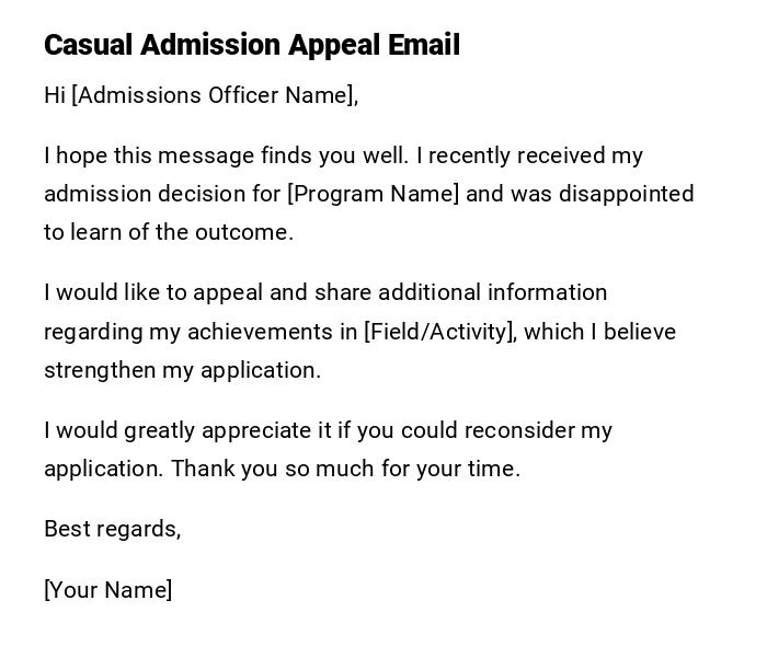 Casual Admission Appeal Email Casual Admission Appeal Email