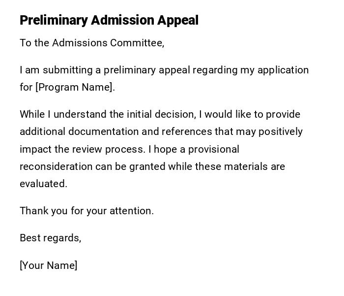 Preliminary Admission Appeal Preliminary Admission Appeal