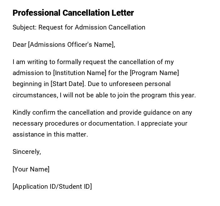 Professional Cancellation Letter Professional Cancellation Letter