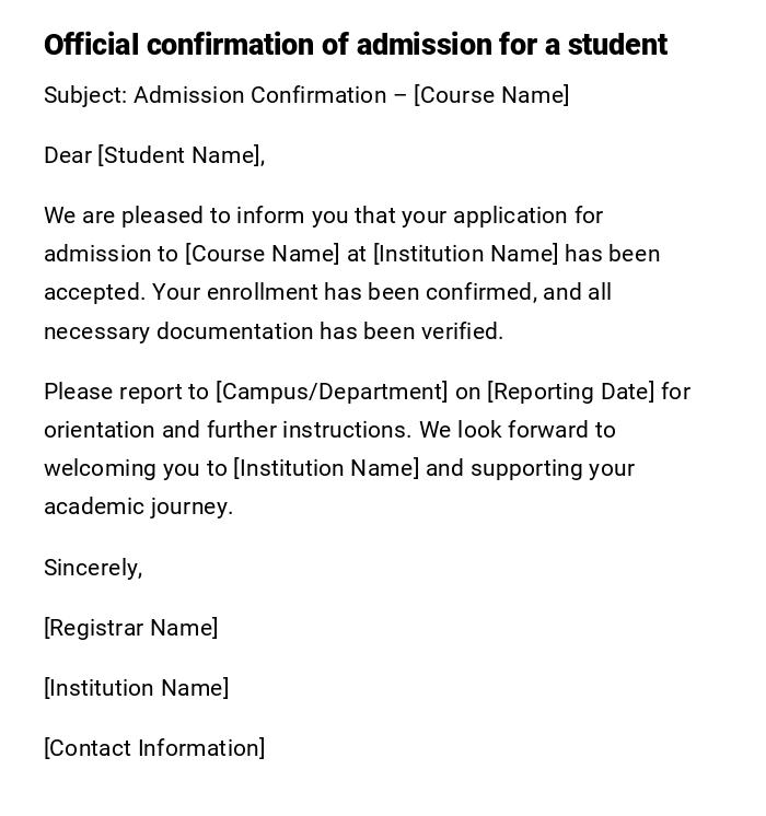 Official confirmation of admission for a student Official confirmation of admission for a student