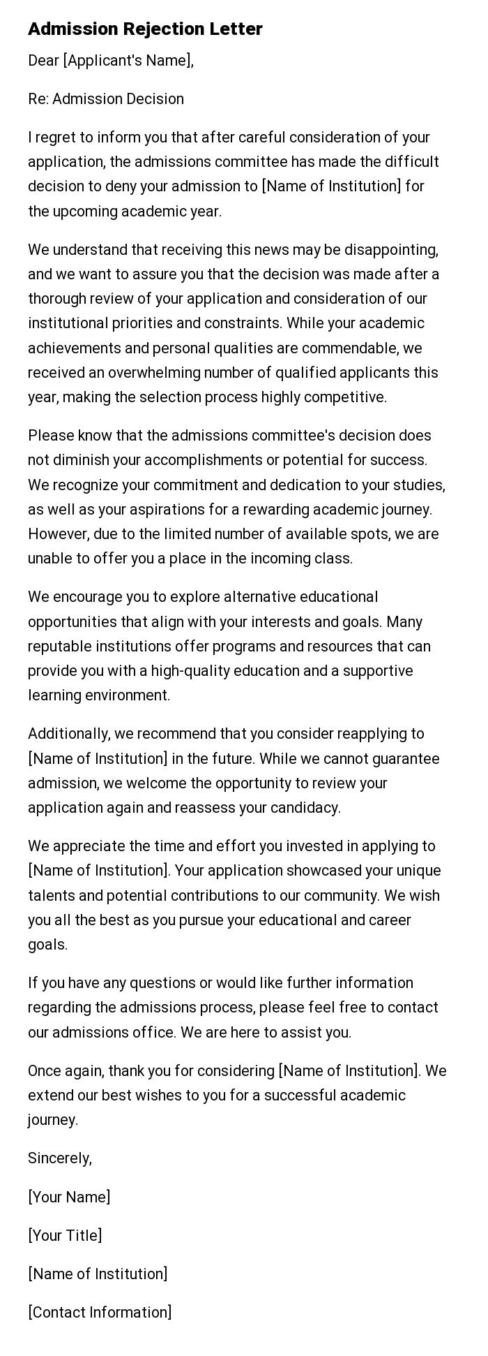 Admission Rejection Letter