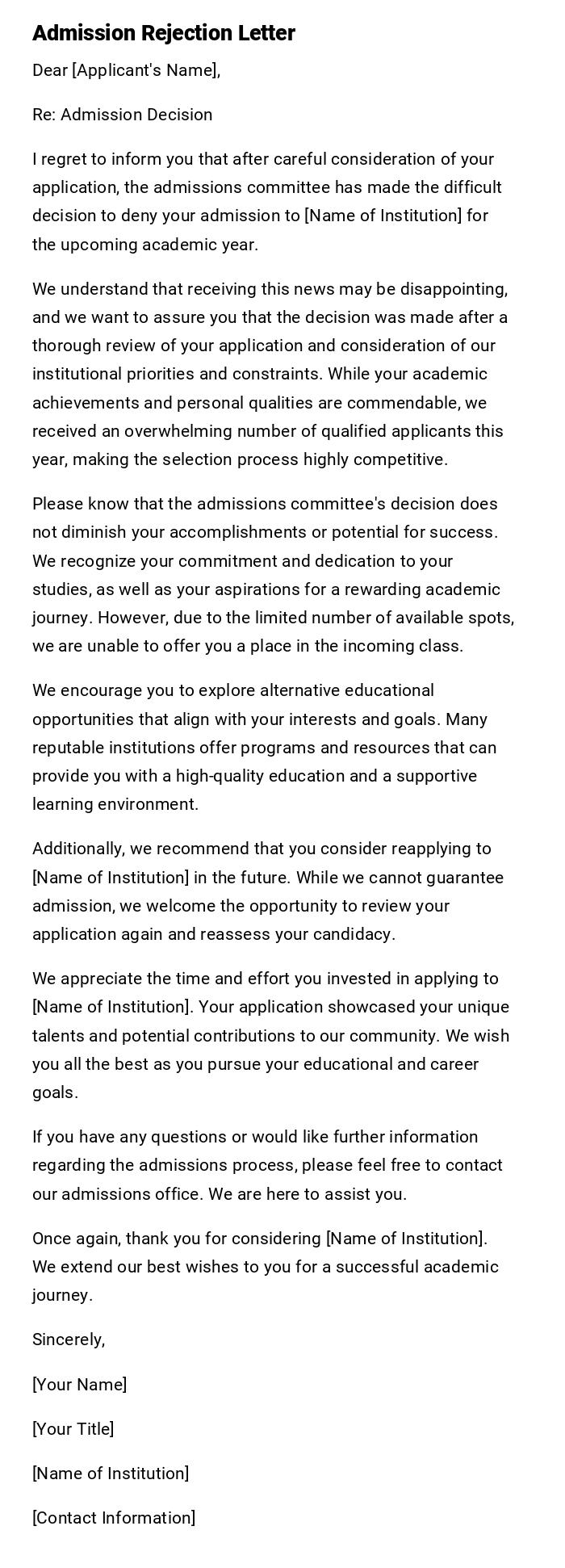 Admission Rejection Letter Admission Rejection Letter