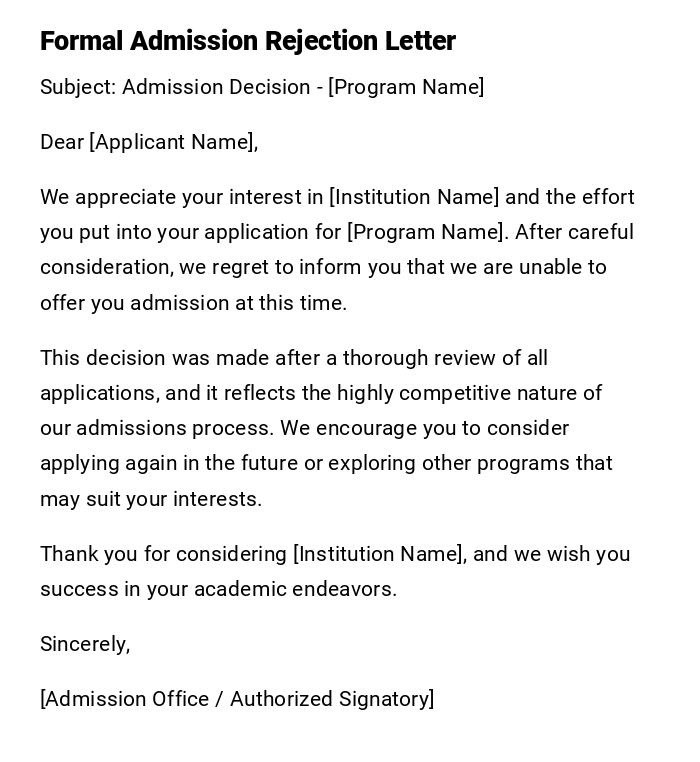 Formal Admission Rejection Letter Formal Admission Rejection Letter