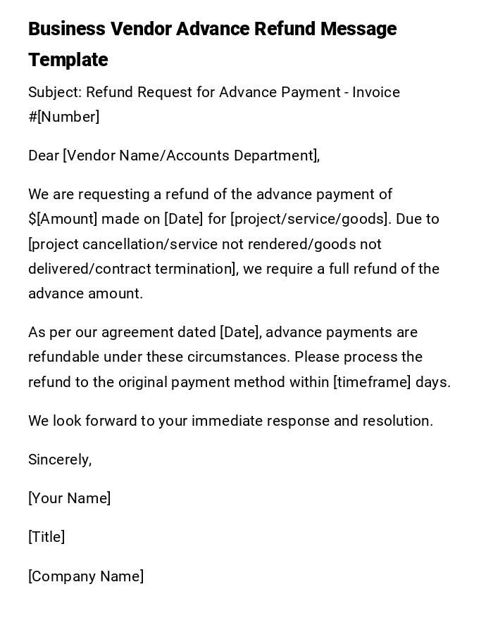Business Vendor Advance Refund Message Template Business Vendor Advance Refund Message Template