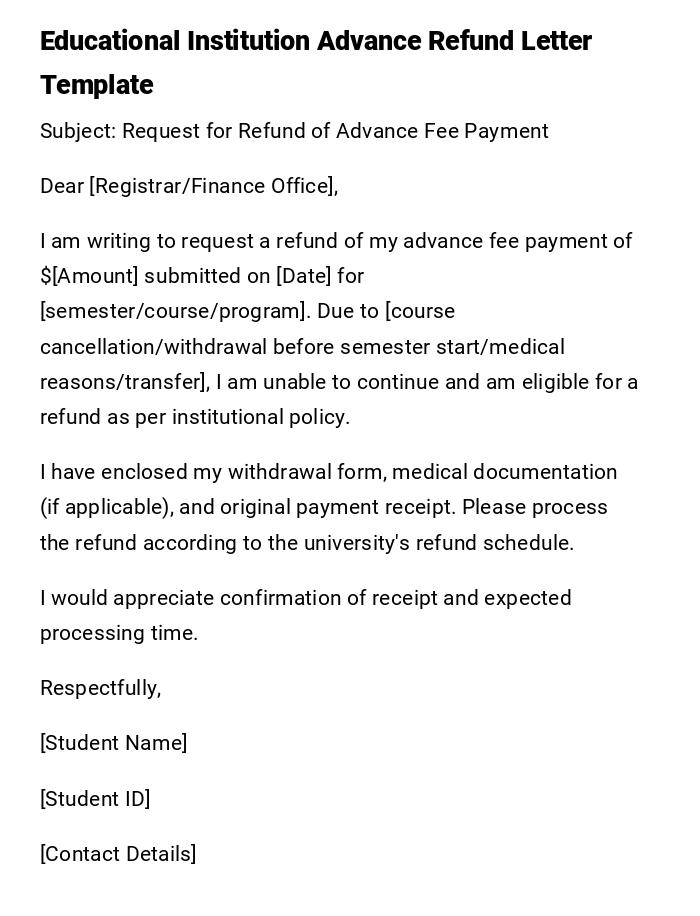 Educational Institution Advance Refund Letter Template Educational Institution Advance Refund Letter Template