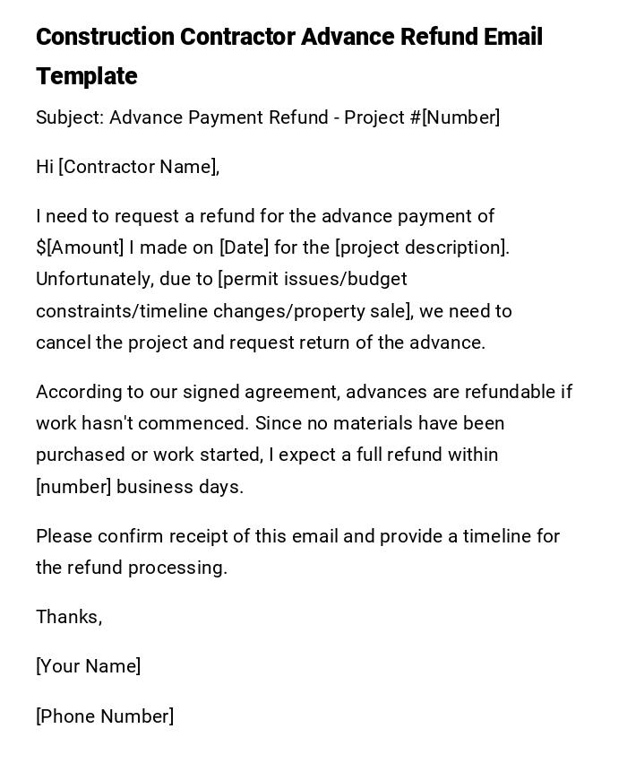 Construction Contractor Advance Refund Email Template Construction Contractor Advance Refund Email Template