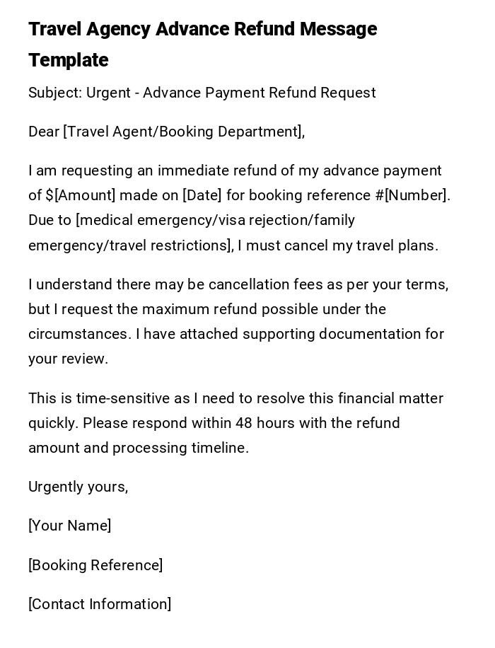 Travel Agency Advance Refund Message Template Travel Agency Advance Refund Message Template