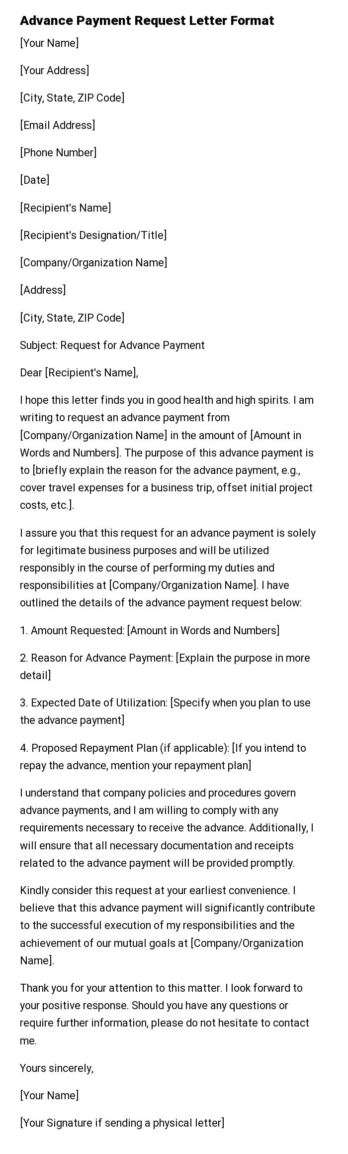 Advance Payment Request Letter Format