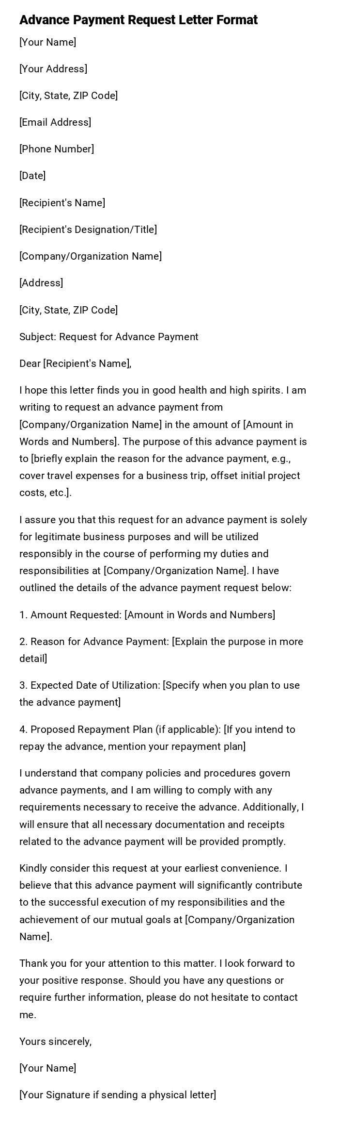 Advance Payment Request Letter Format