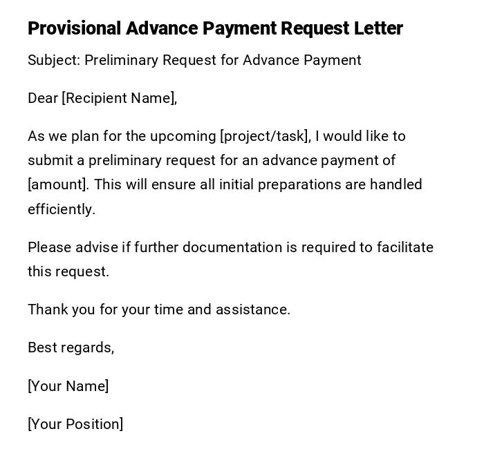 Provisional Advance Payment Request Letter Provisional Advance Payment Request Letter