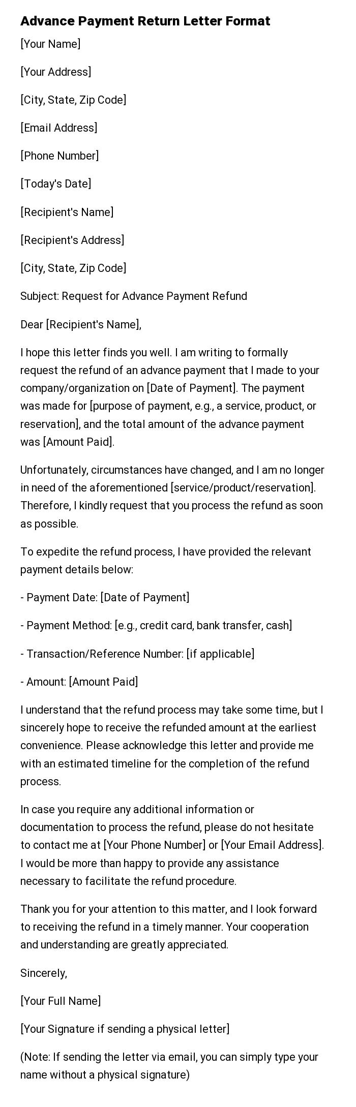 Advance Payment Return Letter Format