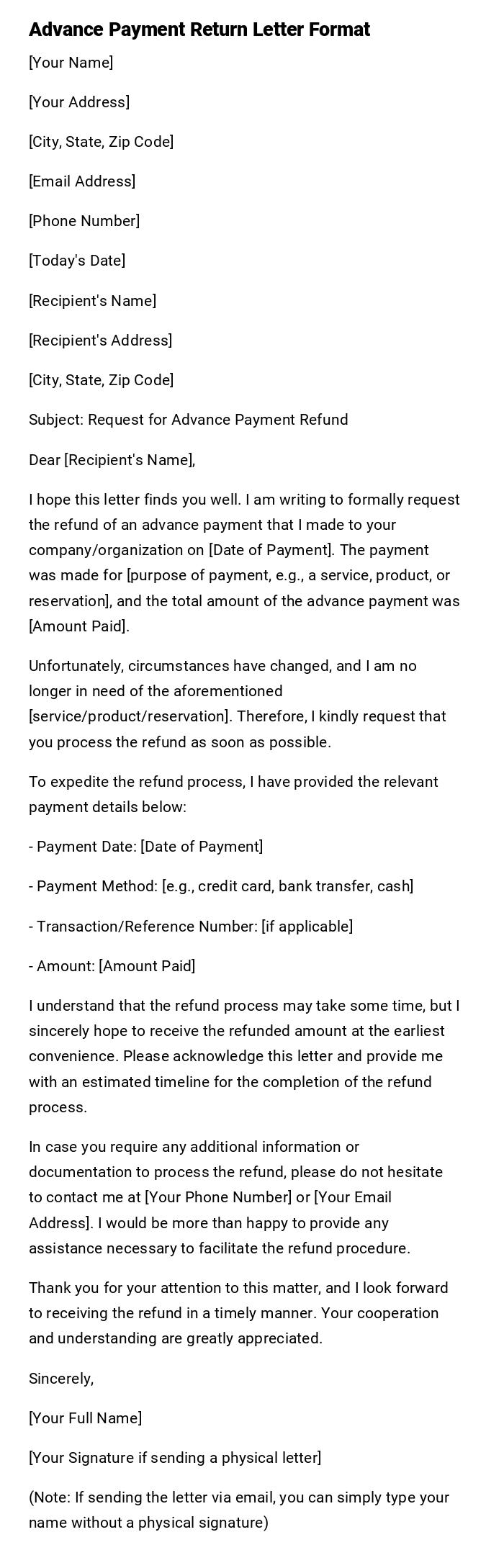 Advance Payment Return Letter Format