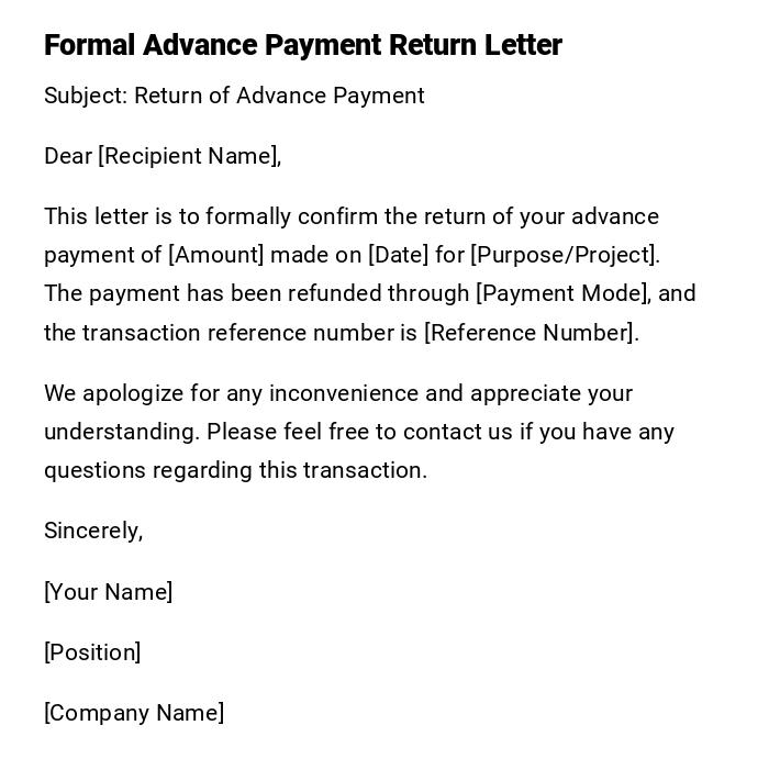 Formal Advance Payment Return Letter Formal Advance Payment Return Letter