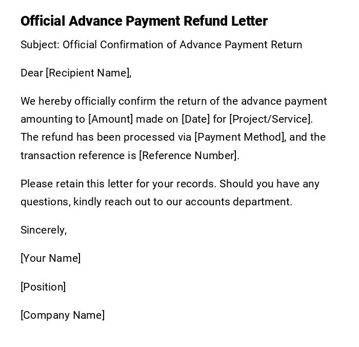 Official Advance Payment Refund Letter Official Advance Payment Refund Letter