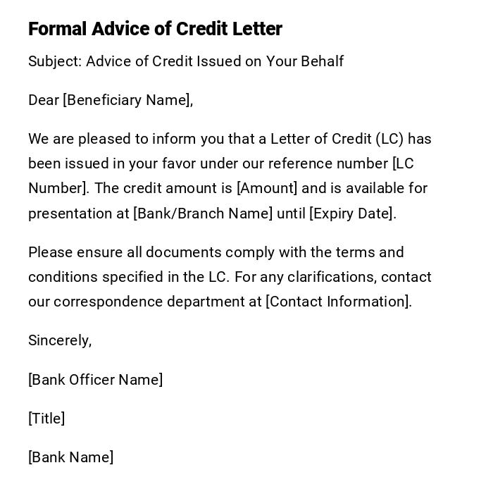 Formal Advice of Credit Letter
