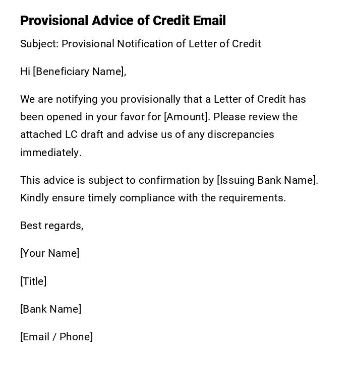 Provisional Advice of Credit Email