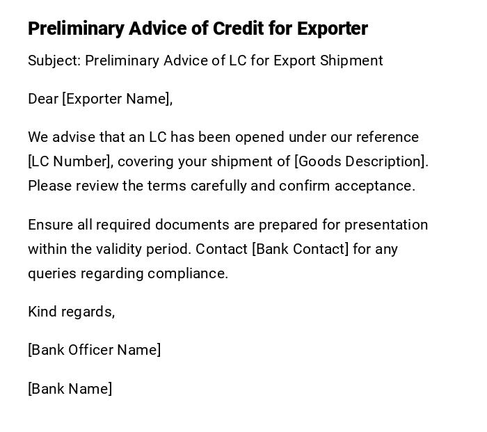 Preliminary Advice of Credit for Exporter