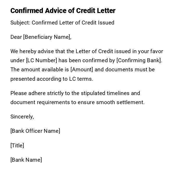 Confirmed Advice of Credit Letter