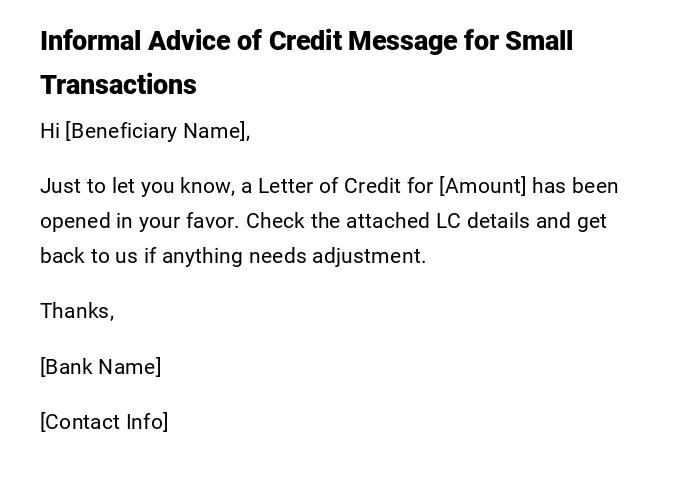 Informal Advice of Credit Message for Small Transactions