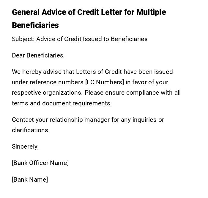 General Advice of Credit Letter for Multiple Beneficiaries