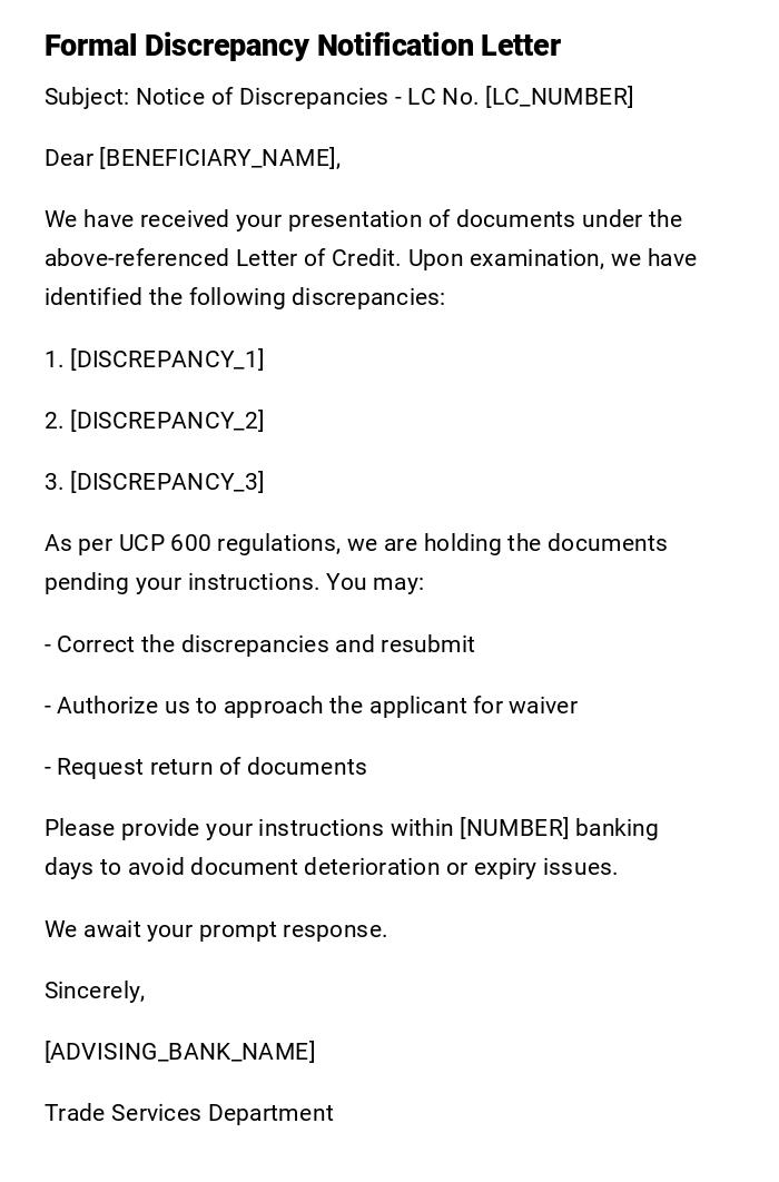 Formal Discrepancy Notification Letter Formal Discrepancy Notification Letter