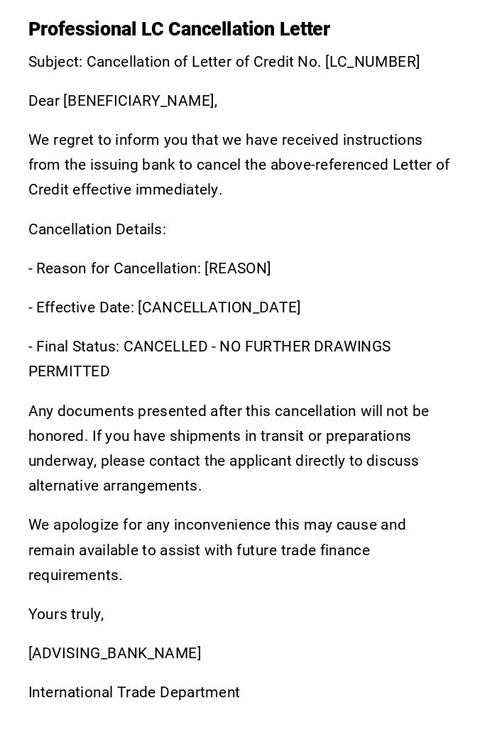 Professional LC Cancellation Letter Professional LC Cancellation Letter