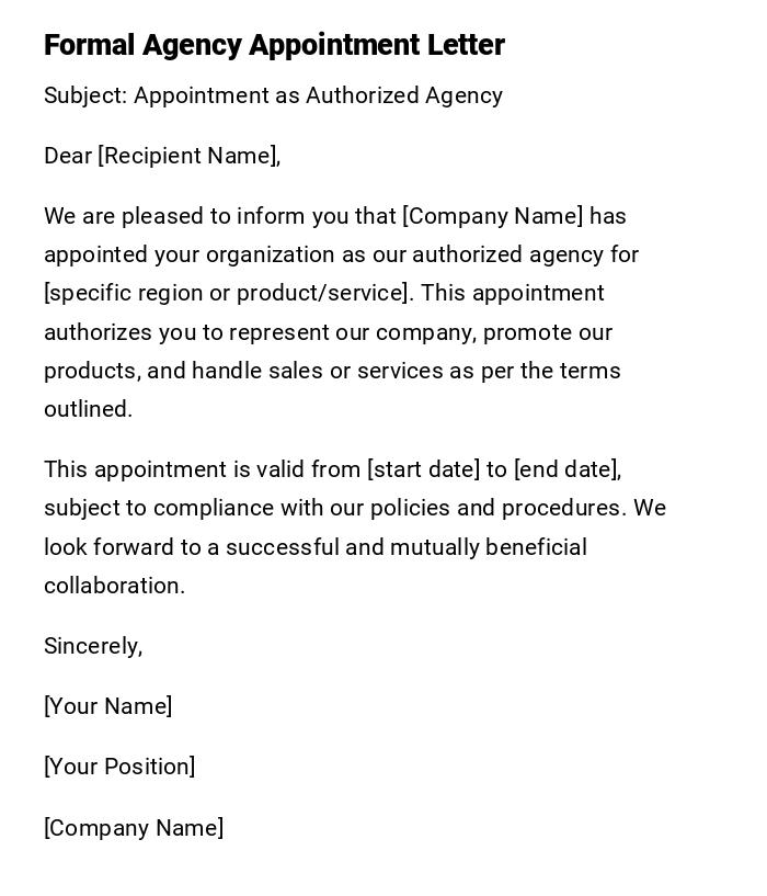 Formal Agency Appointment Letter Formal Agency Appointment Letter