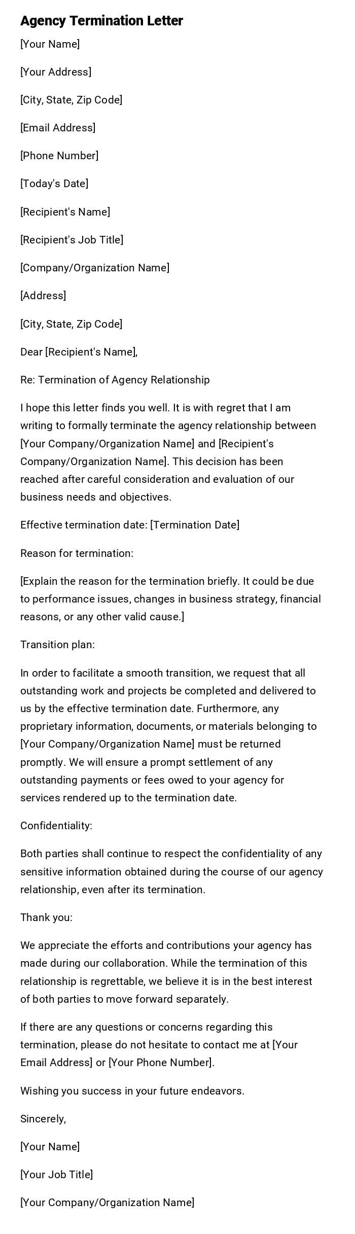 Agency Termination Letter Agency Termination Letter