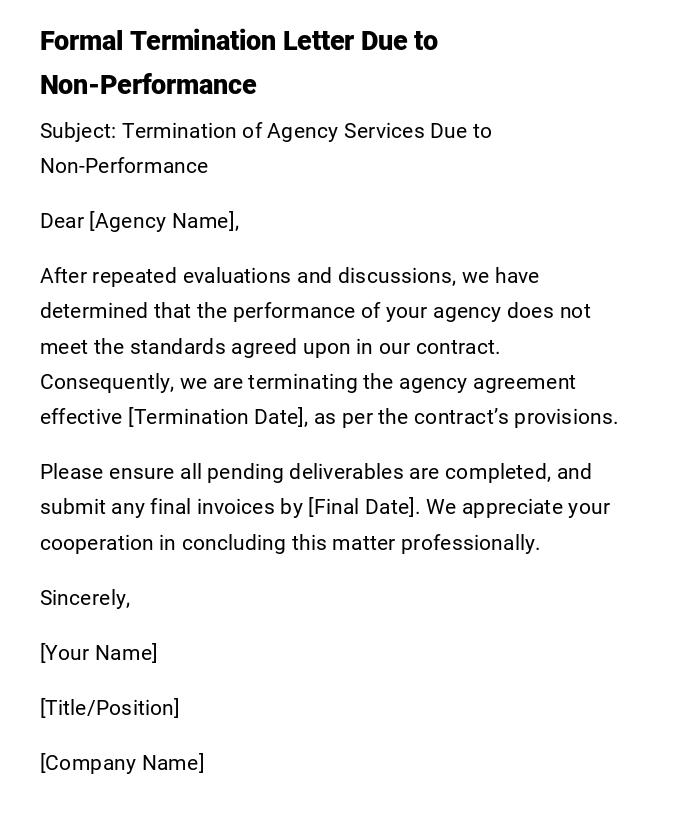 Formal Termination Letter Due to Non-Performance