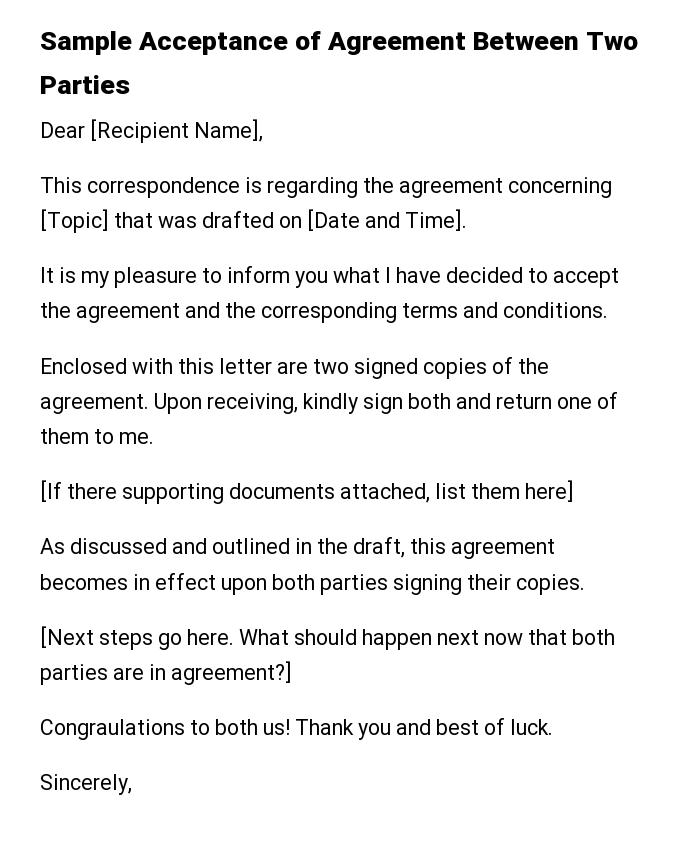 Sample Acceptance of Agreement Between Two Parties