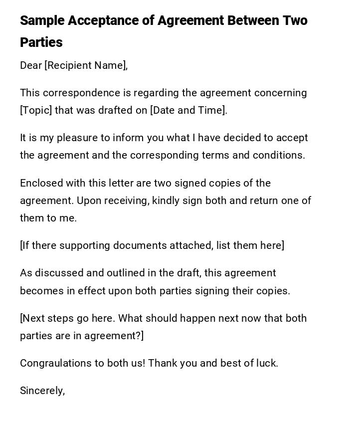 Sample Acceptance of Agreement Between Two Parties